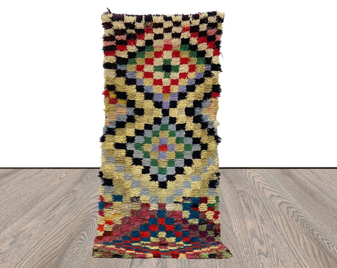 Checkered Moroccan runner Rug, 3x8 Vintage colorful  Rug.