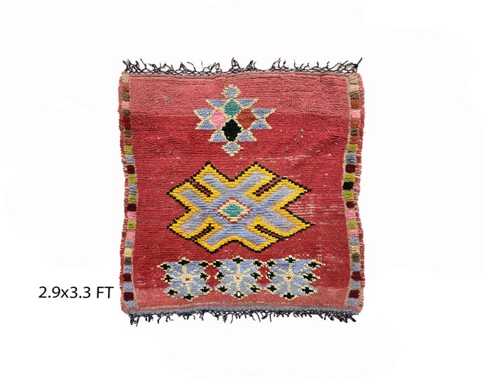 Small Moroccan vintage rug 3x3, Berber bathroom rug.