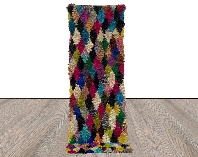 Moroccan Boucherouite Vintage narrow runner Rug, 2x7 Berber Diamond colorful shag Rugs.