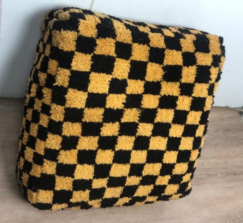 Moroccan checkered Pouf, Berber checker square Ottoman black and yellow