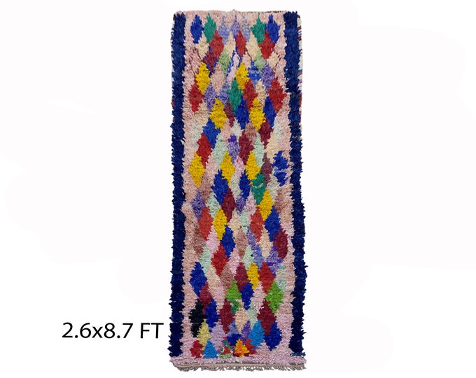3x9 Narrow Moroccan runner rug, Vintage diamond colorful rugs runner.