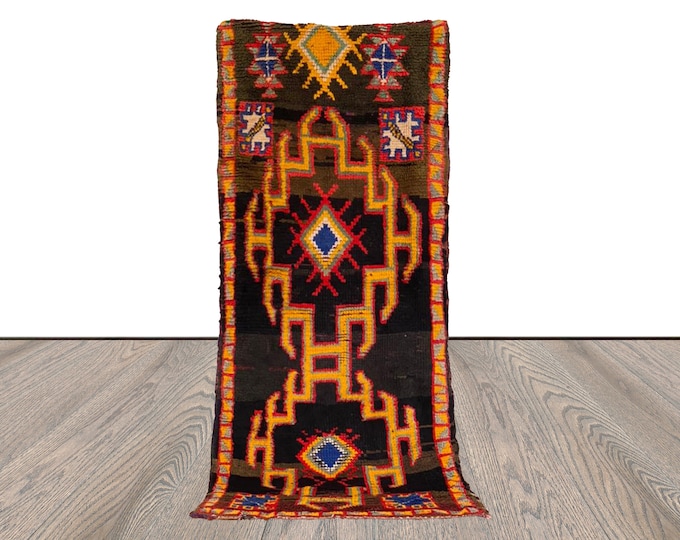 Old Rare woven Moroccan Rug, 2x6 black Narrow runner Rugs