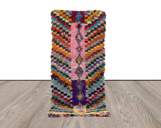 3x9 Boucherouite Checkered Woven Chevron Rug, Moroccan Berber old Rugs.