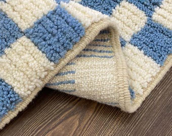 Light blue rug, moroccan checkered rug, wool checkerboard rugs, morrocan berber home decor.