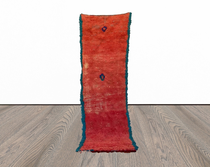 Vintage Berber Moroccan runner Rug, 3x8 Red and Blue woven NARROW Rug.