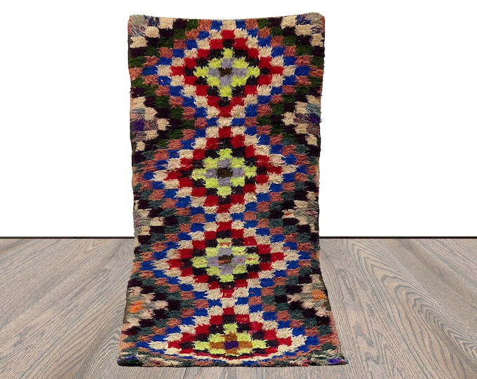 Checkered Small narrow Moroccan runner rug, 3x5 Vintage colorful runners Rug.