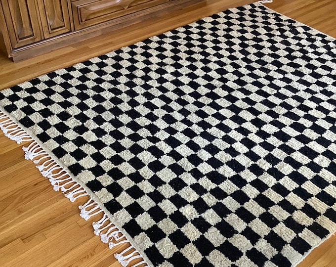Exotic and Eye-catching Large Black and White Moroccan Berber Checkered wool Rug!