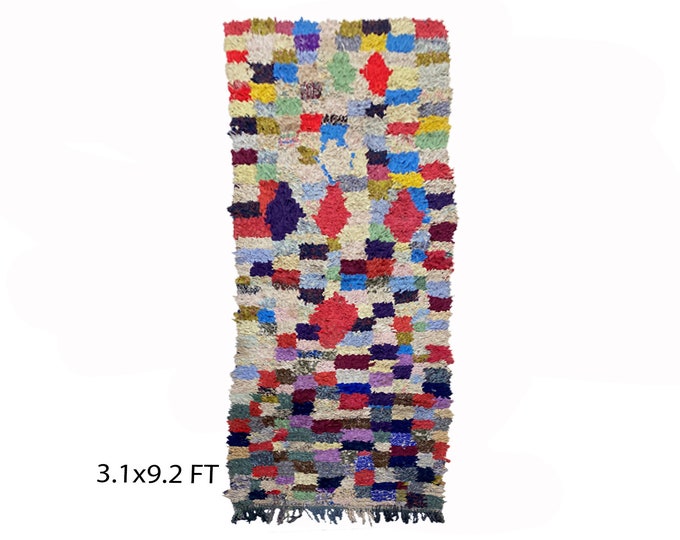 3x9 Vintage Colorful runner rug, Moroccan Berber rug runner.