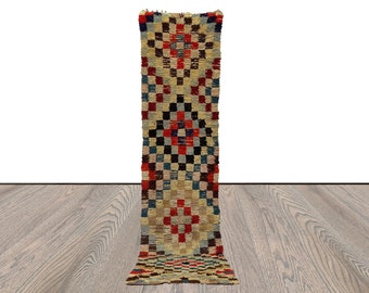 3x12 Checkered Colorful Moroccan runner Rug, Extra long narrow worn Rug.