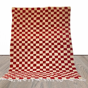 Red and white checkered rug, large moroccan berber checker area rug, morocco checkerboard rug, modern kitchen rug. image 1