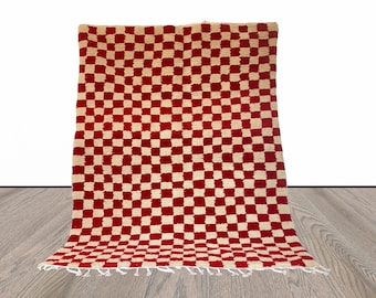 Red and white checkered rug, large moroccan berber checker area rug, morocco checkerboard rug, modern kitchen rug.