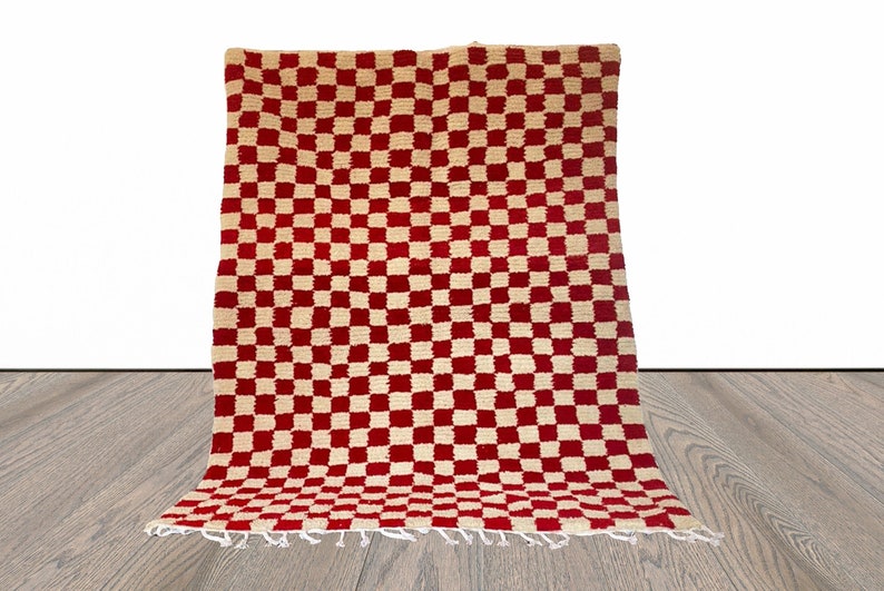 Red and white checkered rug, large moroccan berber checker area rug, morocco checkerboard rug, modern kitchen rug. image 1