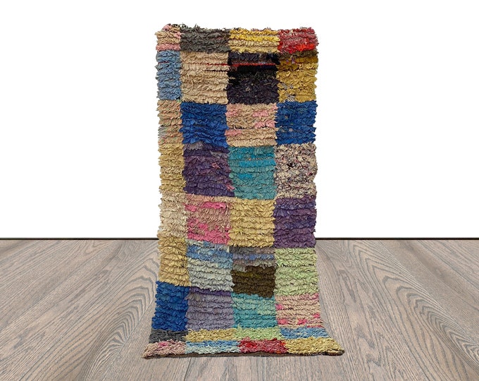 Moroccan Berber Boucherouite Checkered Rug. 2x6 Small narrow runner vintage colorful Rugs.