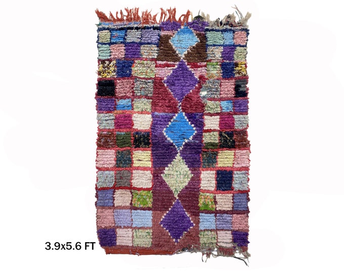 4x5 Moroccan Boucherouite Rug: Colorful Boho Textile!