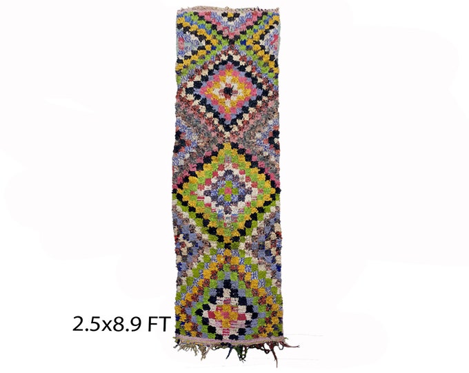 Moroccan colorful runner rug 2.5x9, checkered diamond rug runner.