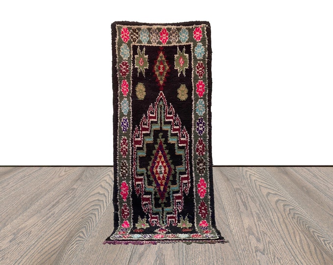 3x8 Berber unique Vintage Moroccan Black runner Rug.