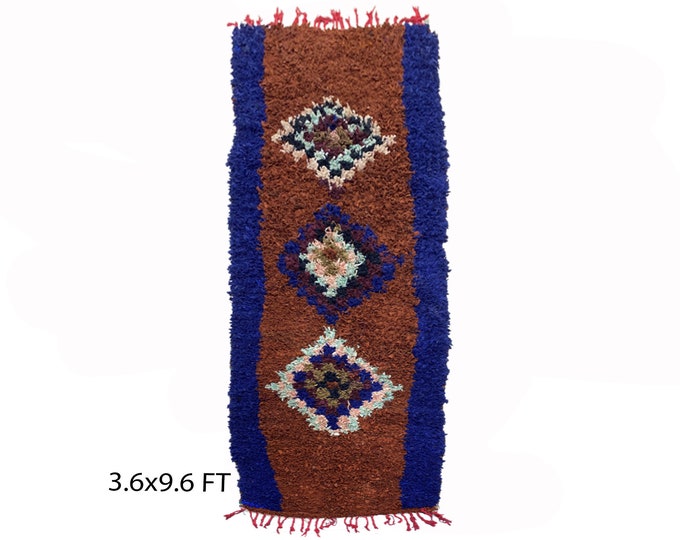 Vintage Moroccan 4x10 runner rug, Narrow diamond rug runner.