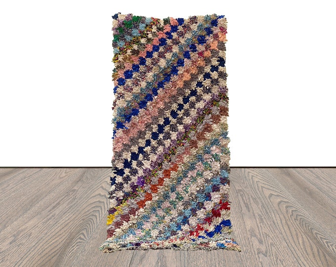 Checkered colorful vintage Boucherouite runner Rug. 3x7 Moroccan Berber old Rare Rugs.