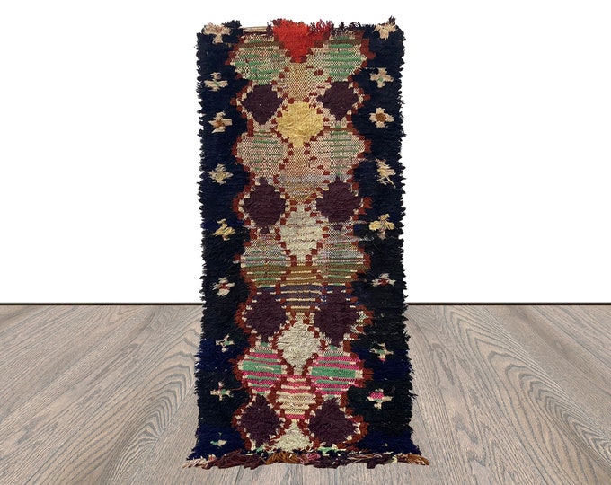 2x6 Moroccan Handwoven black narrow small runner Rug, Vintage Berber worn diamond Rugs.