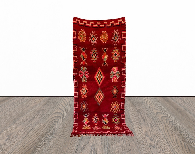 3x9 Vintage Moroccan Large Red runner Rug. Berber Handwoven woolen Rug.