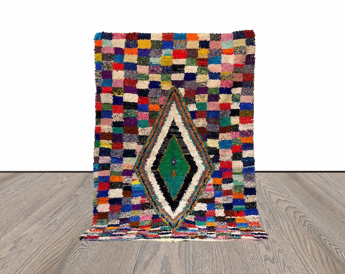 4x7 Feet Vintage Boucherouite Checkered Colorful Area Rug.