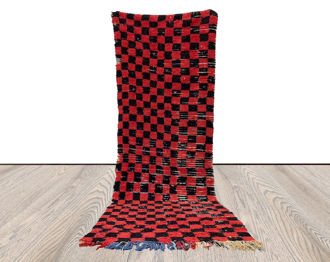 3x9 ft berber woven checkered black and red rug, moroccan vintage narrow runner rugs,