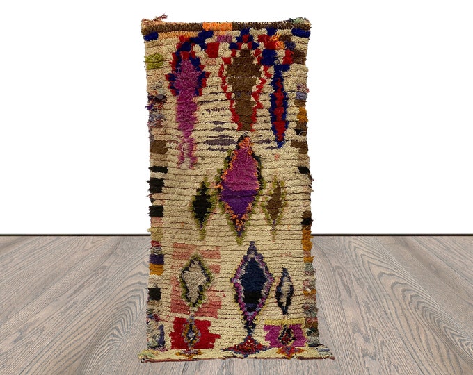 Vintage woven runner Rug, 3x7 Moroccan Berber used Rugs.