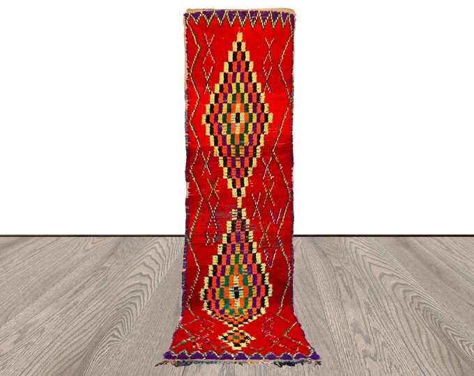 Red Handwoven Vintage Rug, 2x9 Morocco Unique Rare Narrow runner Rugs.