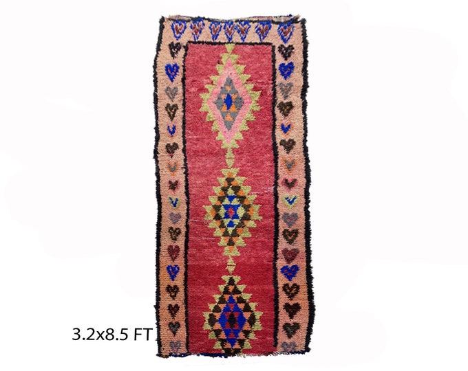 Colorful vintage runner rug 3x8.5, Moroccan diamond rug runner.