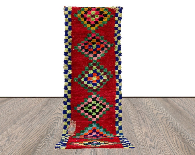 3x8 Woven Vintage Moroccan red runner Rug.