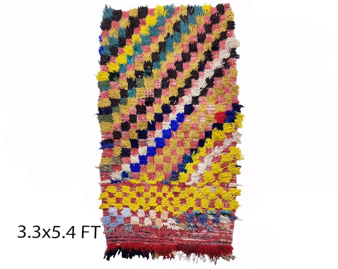 Small vintage checkered area rug 3x5, Moroccan colorful rugs.