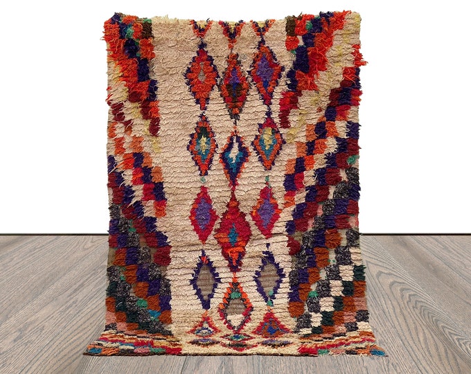 4x6 Small Moroccan vintage Rug, Woven Checkered Diamond colorful Rug.