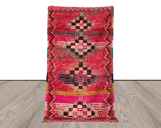 Berber hand woven vintage faded red area Rugs, 3x7 Moroccan worn Rugs.