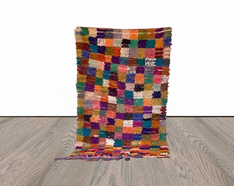 3x6 ft Moroccan Boucherouite colorful rug.