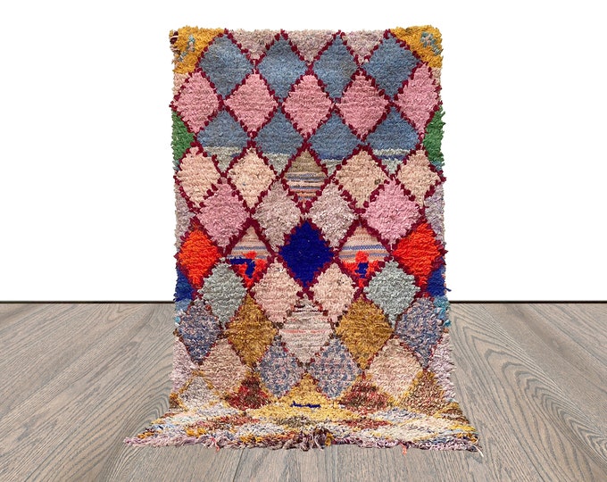 3 By 6 Boucherouite vintage Moroccan small Runner rugs, Berber Handwoven unique Diamond colored Rug.