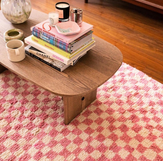 Large Checkered Pink Area Rug Berber Nursery Soft Wool Rug Etsy