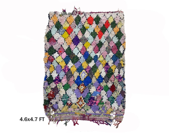 5x5 Moroccan Boucherouite Vintage Area Rug: Diamond Home Decor!