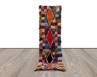 3x11 Checkered Boucherouite long runner Rugs, Moroccan Berber Vintage Handwoven Rug.