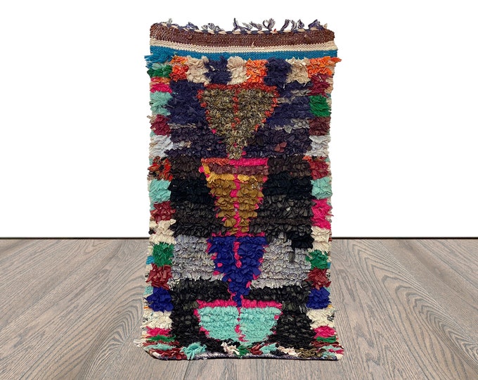 Vintage Small colorful Moroccan Rug, 2x5 Boucherouite narrow runner Rug.