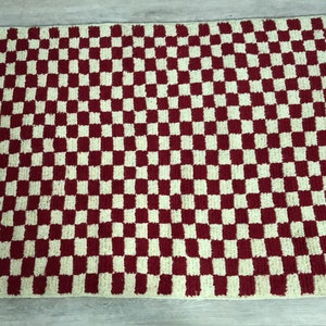Red and white checkered rug, large moroccan berber checker area rug, morocco checkerboard rug, modern kitchen rug. image 3