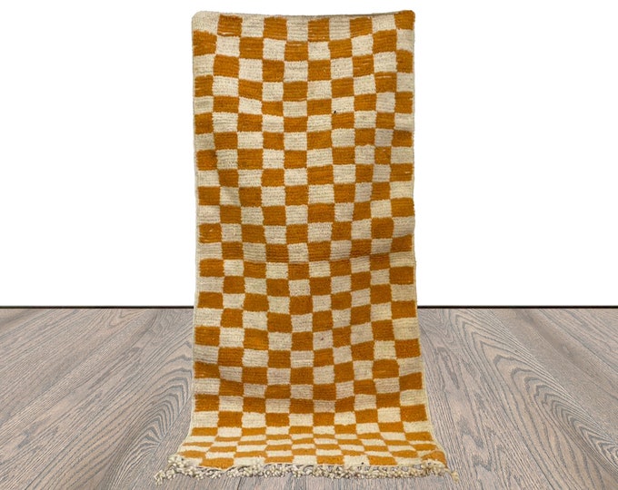 3x6 Berber Woven checkered Yellow and White narrow runner Rug.