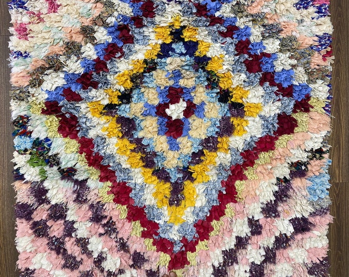Small Berber Vintage area rug, Moroccan Checkered Colorful Rug 3x7.