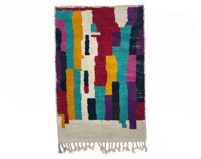 Colorful Moroccan Area Rug, Hand Knotted Kitchen wool rug.