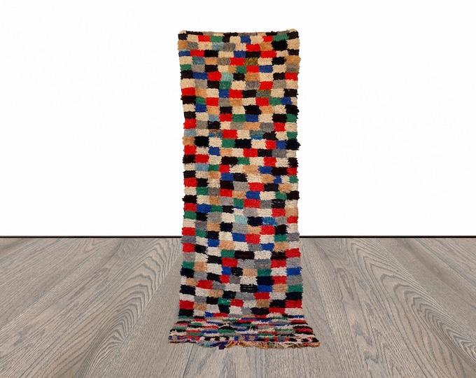 Moroccan Checkered Vintage Narrow runner Rug 3x8.