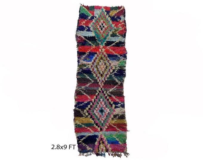 Colorful Handwoven Moroccan Wool 3x9 Runner Rug, Tribal Berber Dimond colorful rug runner.
