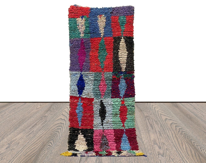 3x8 Boucherouite runner Rugs, Moroccan Berber Hand Woven vintage Colored Rug.