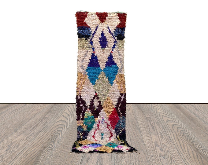 Boucherouite Vintage Colorful Diamond runner Rugs, Moroccan NARROW colored Shag Rug. 2x9 feet.