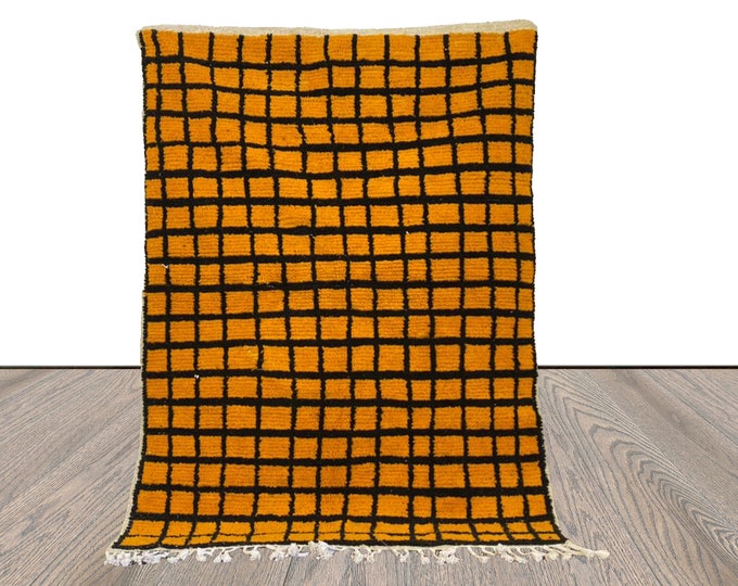 4x6 Moroccan Handwoven Yellow and Grid Black area Rugs.