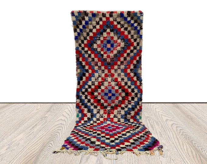 2 x 6 ft, shag narrow runner Rug, vintage moroccan checkered yarns colorful Rug.