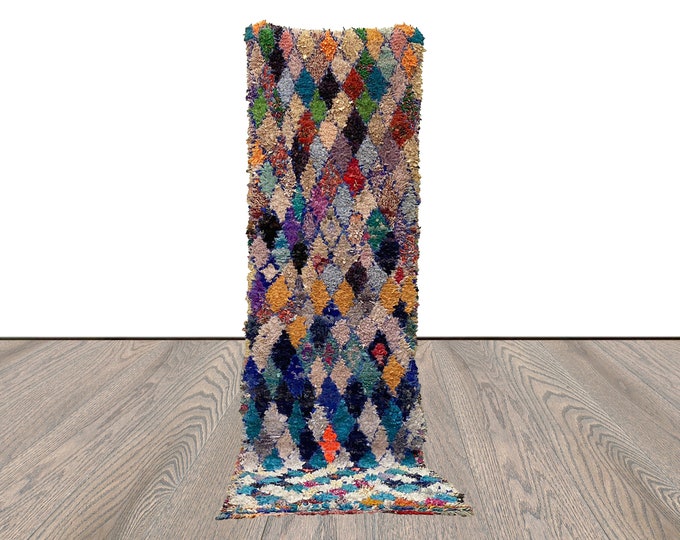 Moroccan Berber vintage Diamond Colored Rug. 2x10 Hand Woven Boucherouite long runner Rugs.